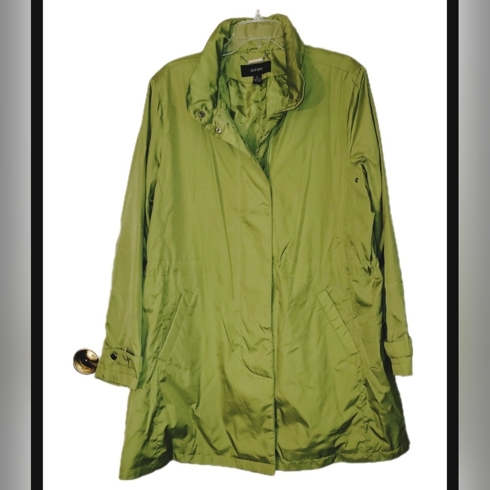 Alfani 3 Season Rain Jacket Coat Sz XL Green Foldaway Hood Zip Mid Length Pocket